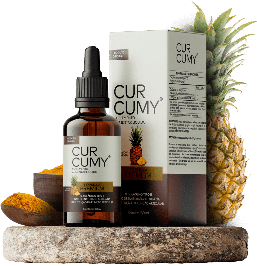 imagem de um frasco de curcumy original com 130 ml em gotas, curcuma em pó e abacaxi